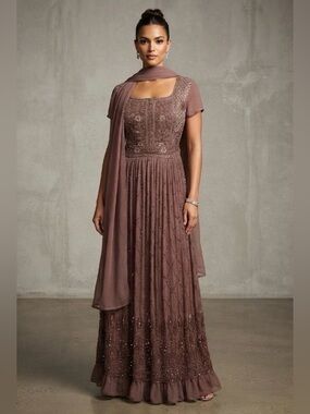 Brown Beaded Chiffon Palazzo Dress